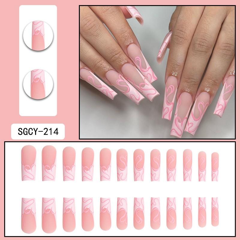 Long French Style Press-On Nails With Pink Heart Design Sweet Glam Nail Art Tips Women