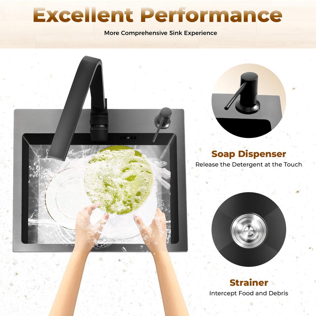 16x12 Inch Stainless Steel Kitchen Sink – 201 Stainless Steel with Nano Coating – Complete Set with Faucet, Soap Dispenser & Drain Basket – Black/Grey