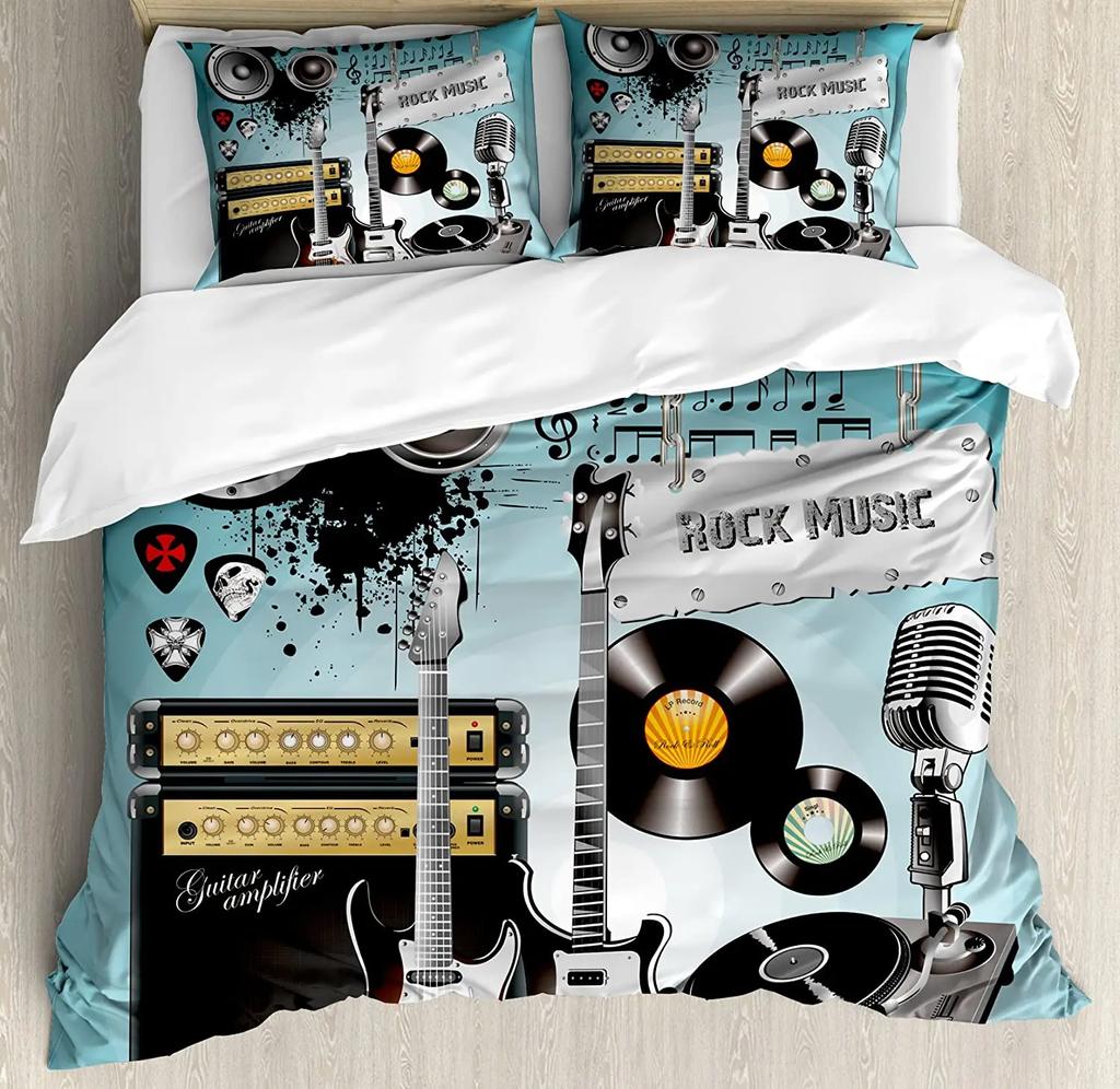 3Pcs Bedding Collection Rock Guitar Music Home Textile Duvet Cover Pillow Case Boy Kid Teen Girl Bedding Covers Collection
