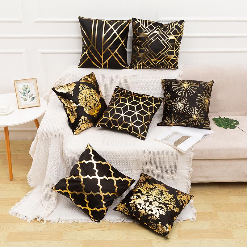 Sofa Pillow European Style Gold Foil Printed Bedside Pillow Car Cushion Cover Short Plush Pillow Cover
