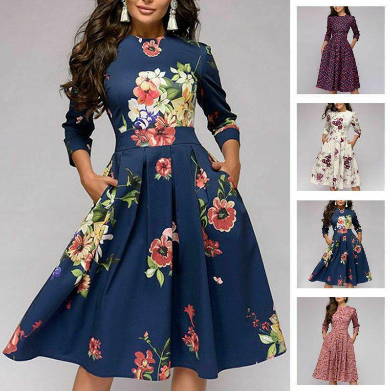 Women's Fashion Vintage Print Long Sleeve Puff Dress In Elegant Floral Pattern