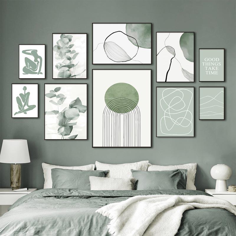 Abstrakt linje Figur Gröna löv Affisch Modern Väggkonst Dukmålning Nordisk Minimalistisk Bildtryck Hem Vardagsrum Inredning