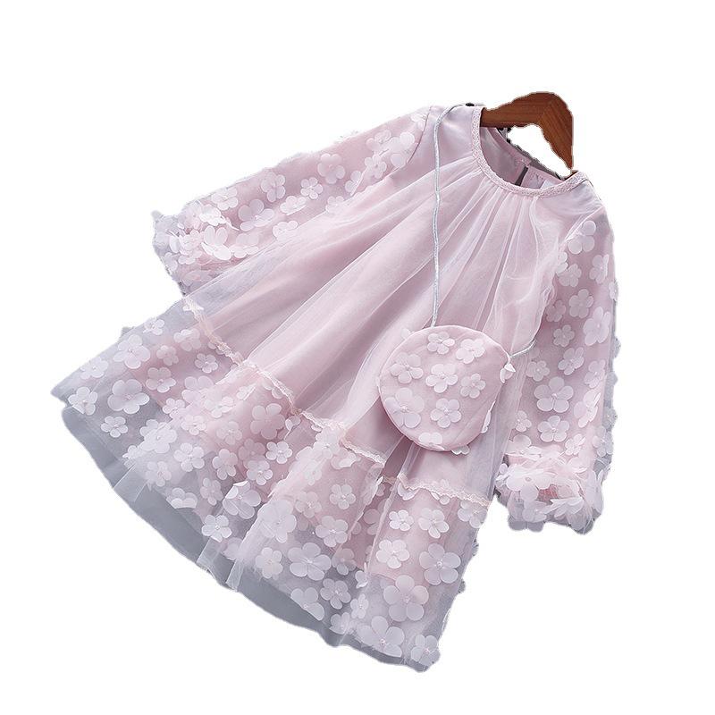 Neue Frühlingslieferung: Mädchen-Langarm-Netz-Blumenkleid mit Tasche - Glänzender Koreanischer Stil