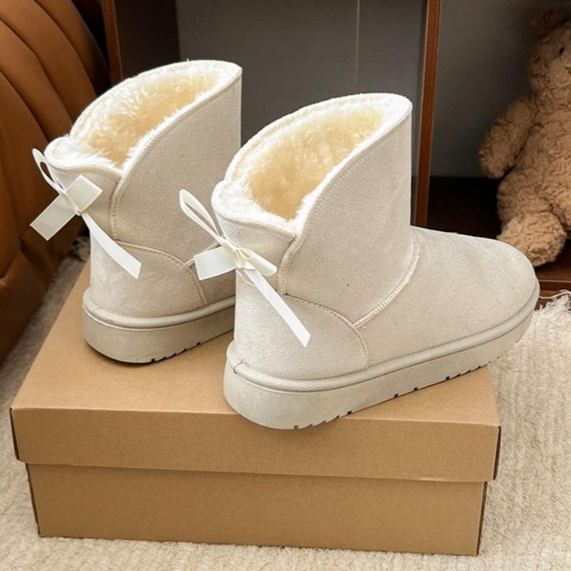 Fashion Fur All-in-one Snow Boots Women's New Short-tube Winter Velvet and Thickened Bow-knot Cold-proof and Warm-keeping Cotton Shoes