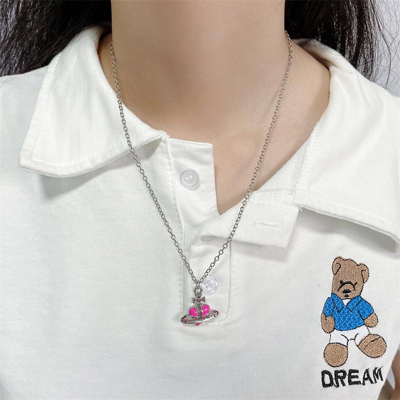 Prata Esterlina 925 1 peça Colares de Corrente Cor Prata Moda Tendência Pingente Coração Amor Planeta Saturno para Mulheres Acessórios Presente