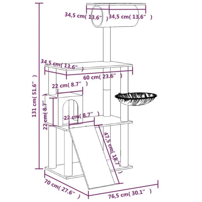 171605 vidaXL Arbre à chat avec griffoirs en sisal Gris foncé 131 cm
