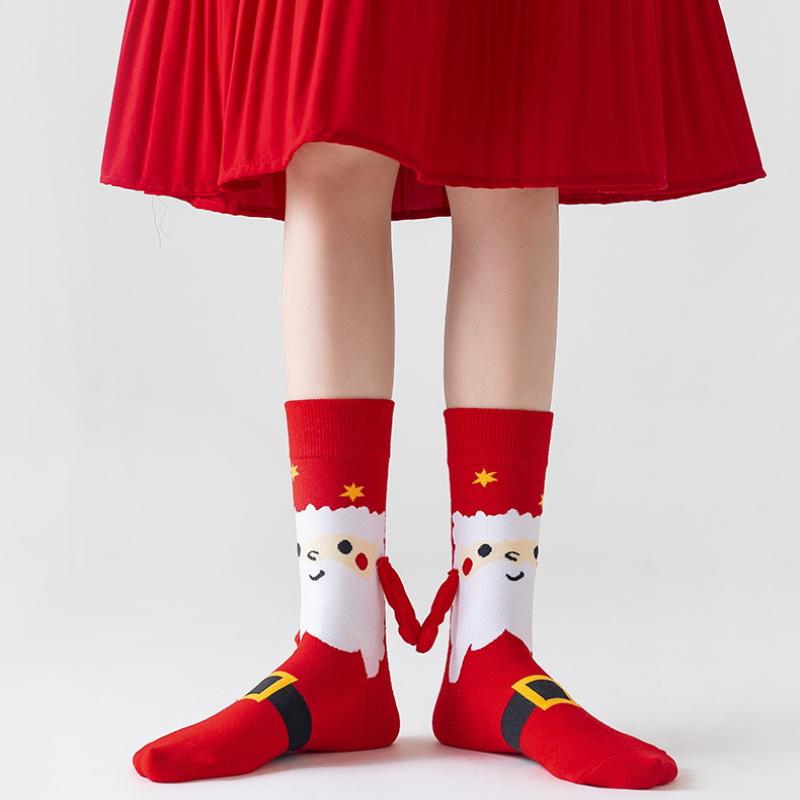 1 Pair Santa Claus Christmas Tree Cotton Stockings Christmas Magnetic Suction Hand In Hand Socks Unisex Holding Hands Long Socks