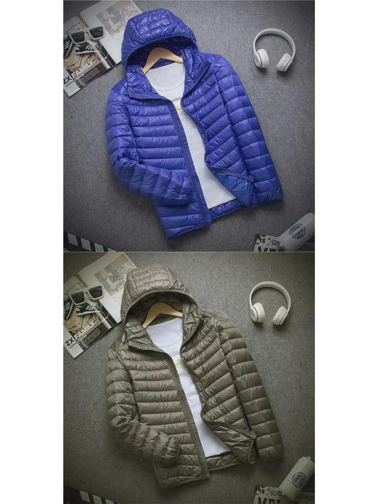 Jachetă ușoară cu puf pentru bărbați: Extrasezon, Stil scurt cu guler înalt, Cu glugă, Mărime mare pentru persoane de vârstă mijlocie și vârstnici