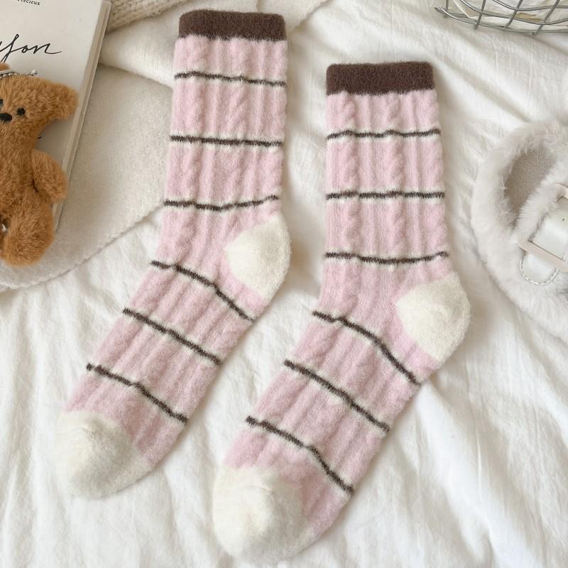 Winter Thick Socks Striped Color Blocking Warm Plush Thickened Plush Striped Mid-Leg Socks Piled Up Sleep Socks At Home