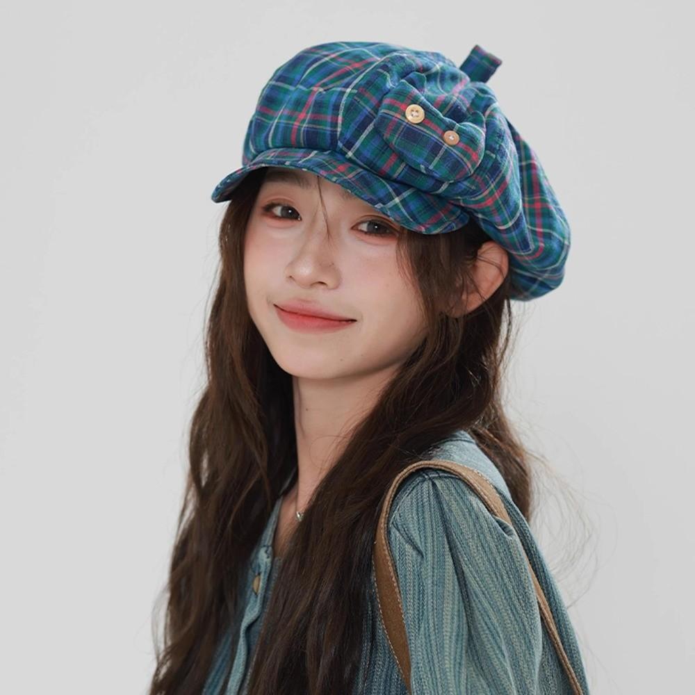 Korean Style Plaid Cloud Berets Sun Protection Octagonal Caps Japanese Button Hat Streetwear