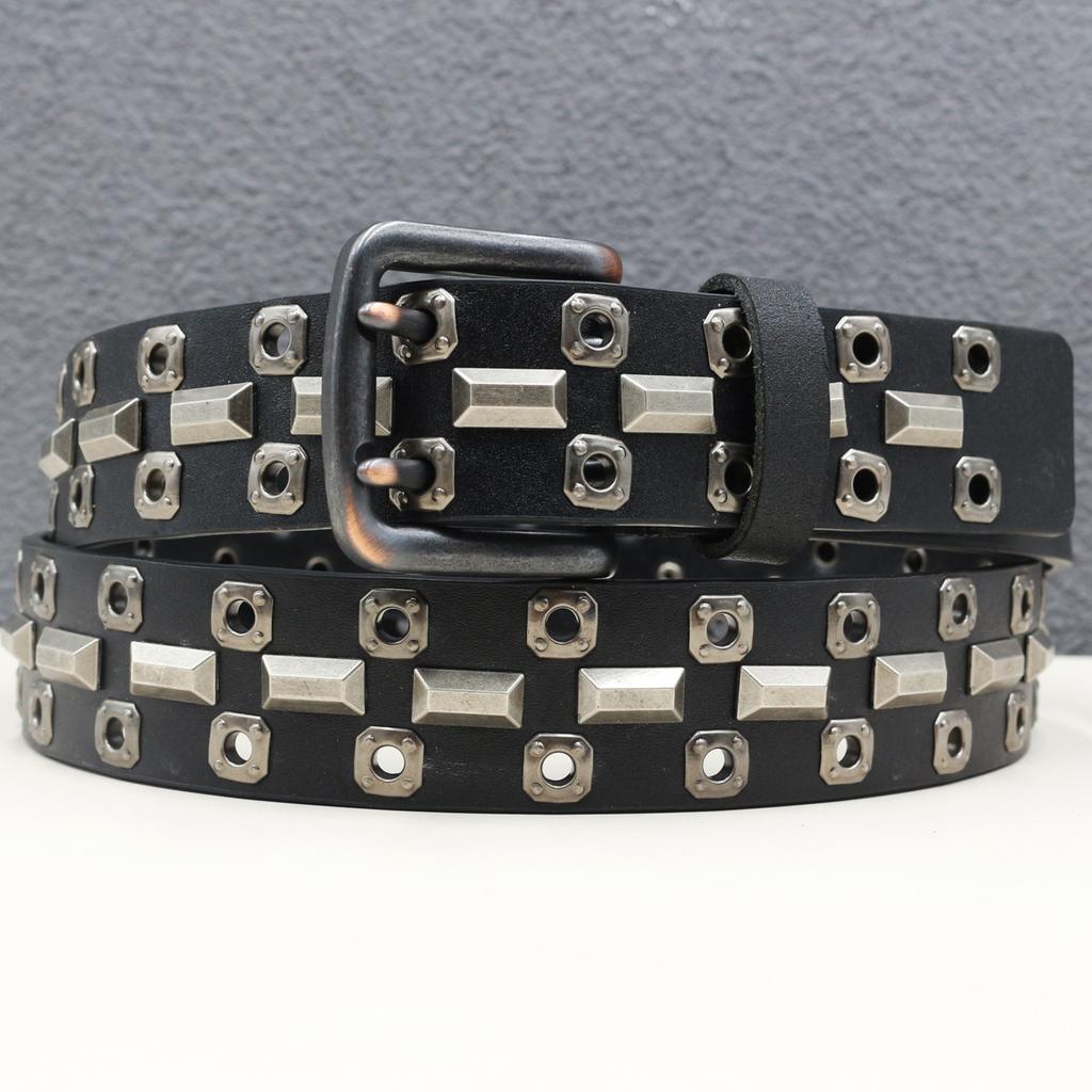 Double Needle Chicken Eye Hole Rivet Belt Leather Star Hollow Belt Goth Heavy Industry American Belt