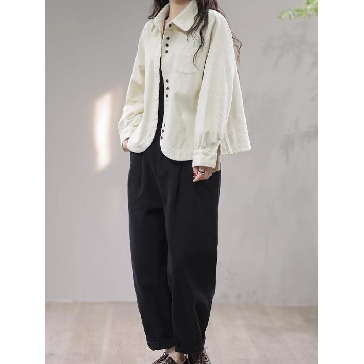 Primăvară Toamnă Nouă Cămașă Vintage Lejă Casuală din velur pentru Damă de Buzunar Moda Cardigan All-match Top Femei Bluză cu mânecă lungă Femeie
