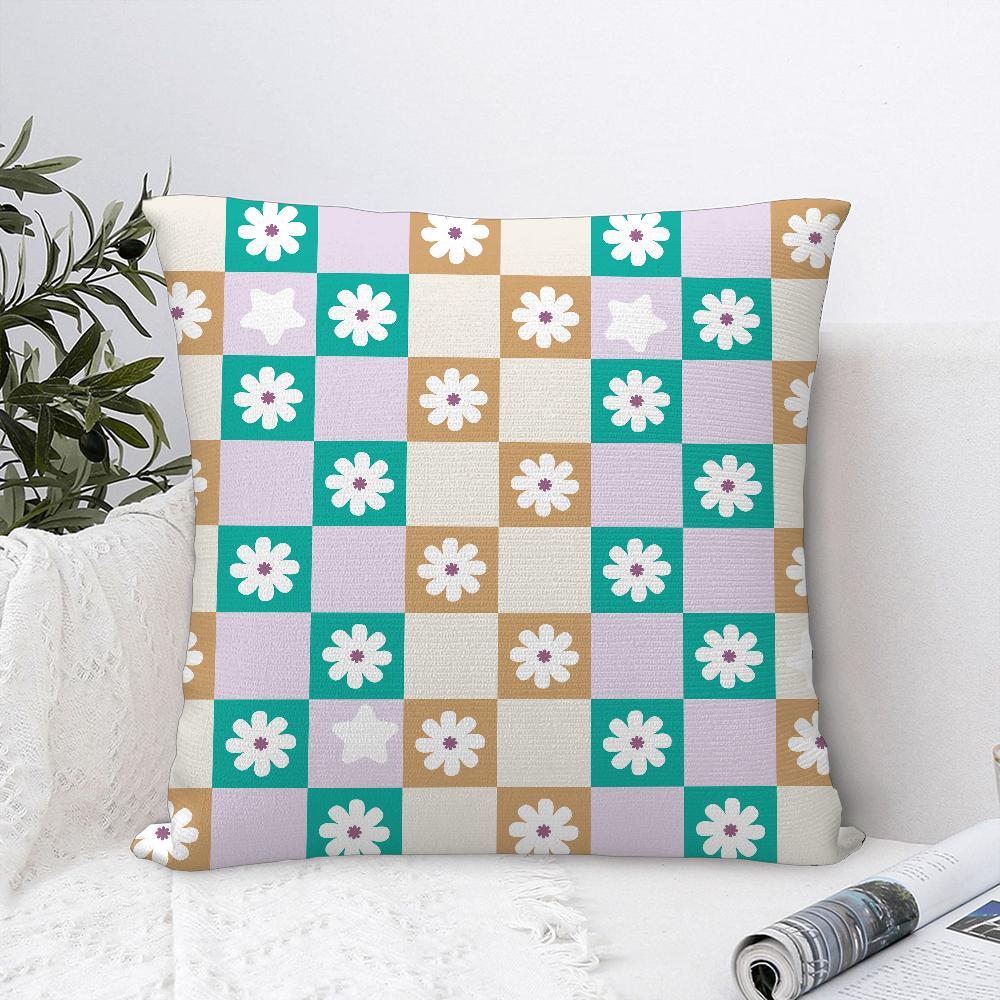 Checkered Flower Pattern Pillow Case Sofa Decorative Home Double-sided Printing Short Plush Cushion Cover Throw Pillow Cover