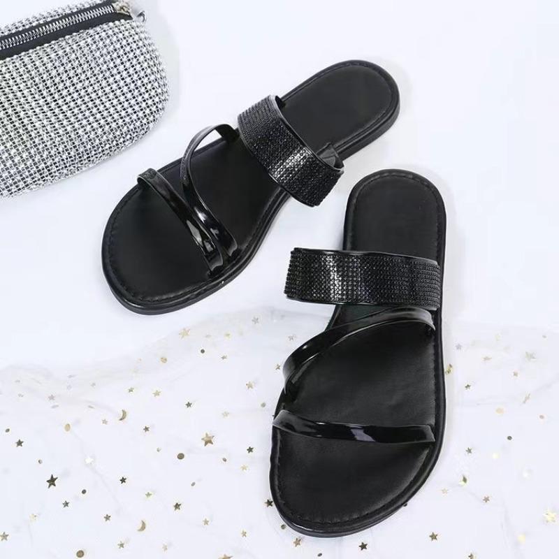 Womens Summer Sandals Rhinestone One Band Flat Slippers European and American Style Plus Size
