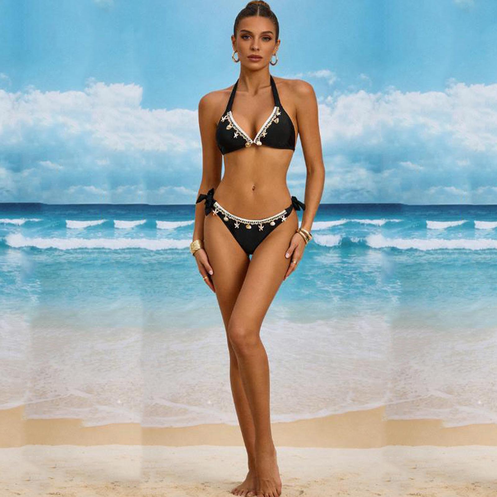 

Color Beaded Pendant Bikini, Sexy Two-Piece Swimsuit for Women, Trendy Beach Pool Swimwear, Summer Vacation Outfit M чёрный