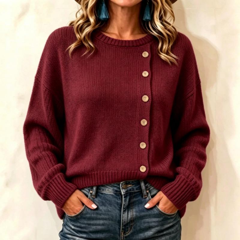 Women S Long Sleeve Knit Sweater Solid Color Loose Fit Button Detail Casual Wear