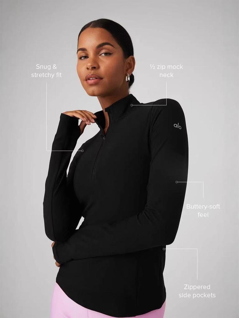 Alo Women's Original Slim-Fit Half-Zip Yoga Base Layer - Long Sleeve Training Top for Autumn/Winter