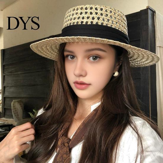 Elegant Vintage Sun Hat Women Straw Hat, with Satin Ribbon Decor, Wide Brim Foldable Travel Beach Breathable Flat Top for Summer Vacation Cap