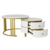 Rounded Edge Coffee Table with 2 Drawers Strong Load-bearing Spacious Desktop High-Gloss Marble Pattern Tea Table Living Room