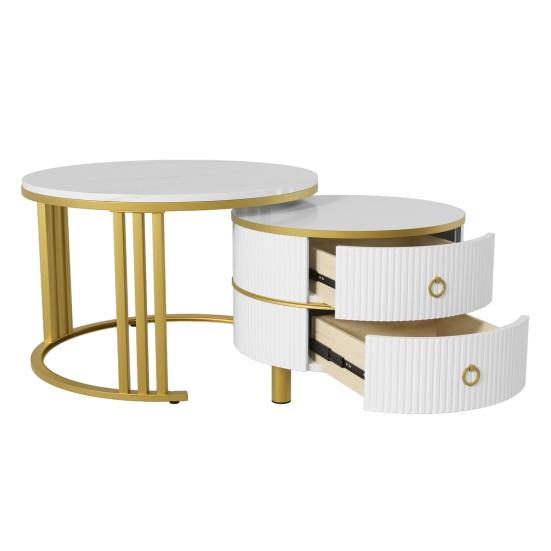 Rounded Edge Coffee Table with 2 Drawers Strong Load-bearing Spacious Desktop High-Gloss Marble Pattern Tea Table Living Room