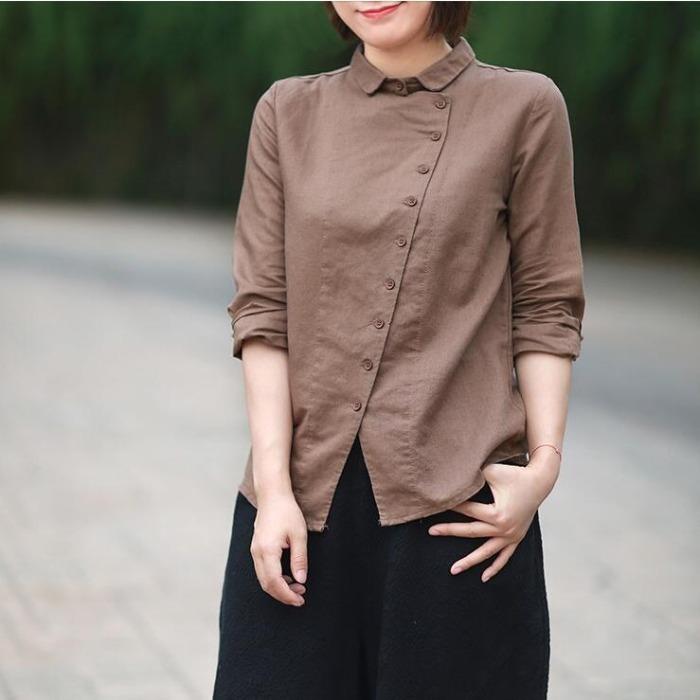 Spring/Summer  Women's Cotton and Hemp Shirt Loose Solid Color Linen Shirt Women's Polo Long Sleeve Shirt