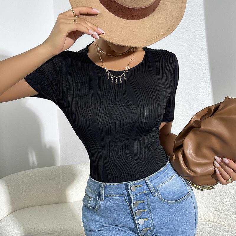 

Европейский и американский женский боди с коротким рукавом и круглым вырезом, приталенного кроя, вафельной текстуры Medium чёрный