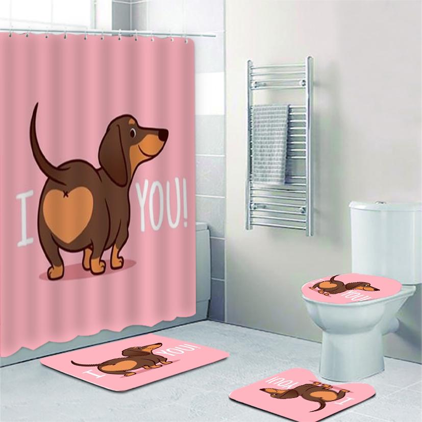 Funny Cute Dachshund Dog Bathroom Curtains Set Shower Curtain Set Cartoon Sausage Dog Bath Mat Rugs Butt Dog Animal Home Decor