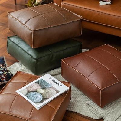 Moroccan Pouf Floor Cushion Oil Wax Skin Embroider Craft Ottoman Footstool Futon Sofa Artificial PU Leather Unstuffed Cushion
