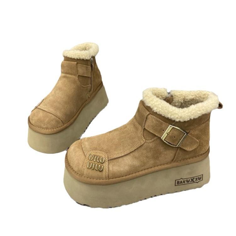Soft leather version~ Lamb wool shoes platform muffin Boken snow cotton boots big head bread shoes small man showing feet small woman