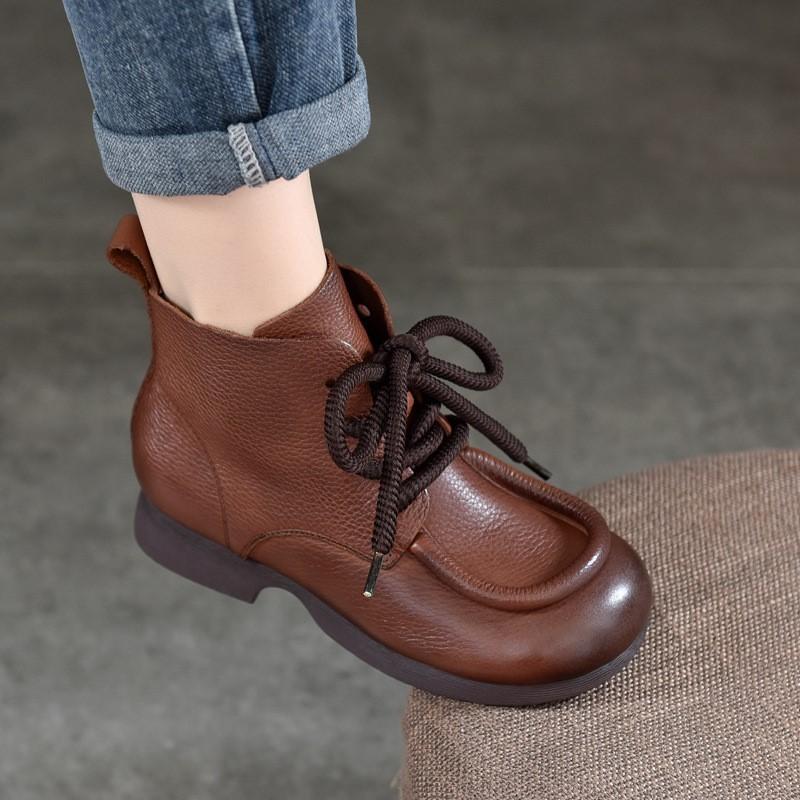 Johnature Vintage Cowhide Handmade Short Boots Genuine Leather Lace Up Round Toe Soft Soled Boots Women's Shoes