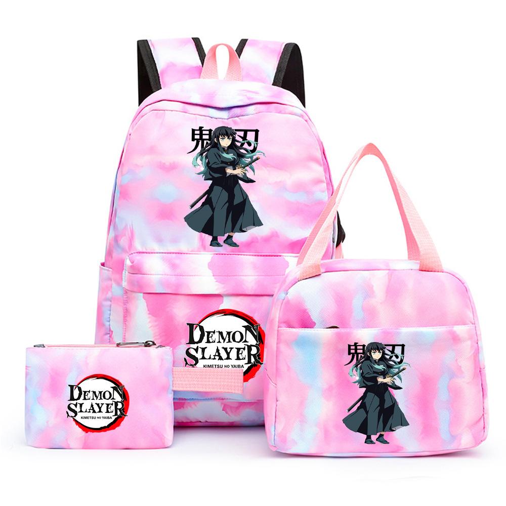 3 st/set Anime Demon Slayer Tryckt Ryggsäck med Matlåda Pennfodral för Tonåring Tillbaka till Skolan Stor Kapacitet Vattentät Skolväska Flickpojke Gåva
