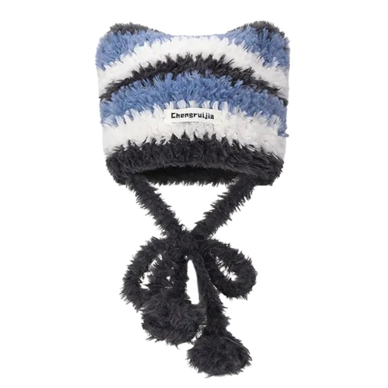 Halloween Cat Ear Hat Knit Y2K Beanie Hat Striped Party Holiday Winter Warm Hat Beanie Theme for Teens