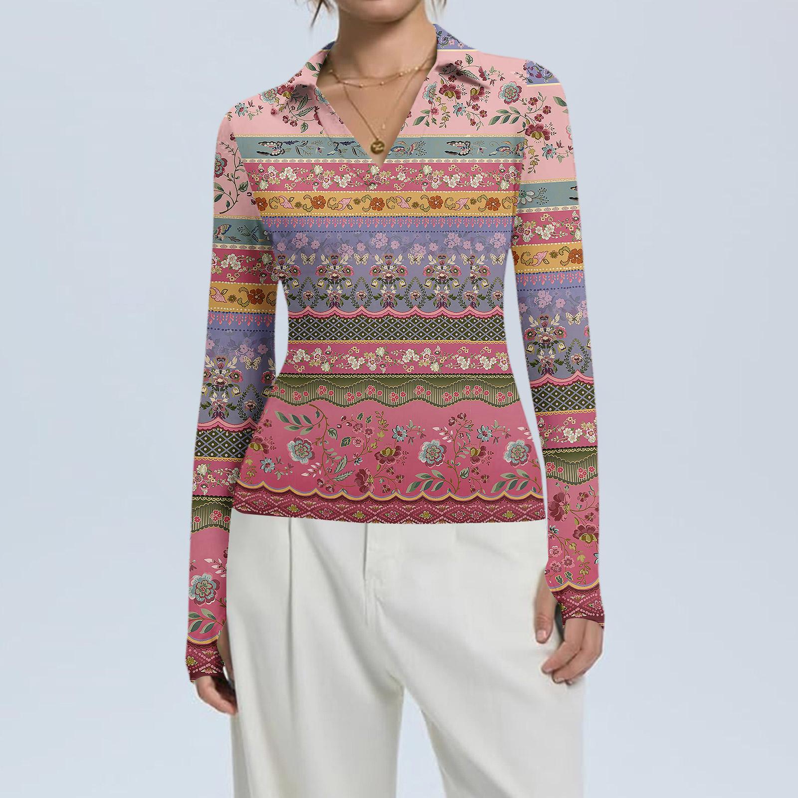 

Женская Мода Повседневный Принт V-образный Вырез Длинный Рукав Застежка на Пуговицы Топ XL розовый