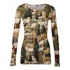 Camiseta de Fondo Delgado para Mujer Moda Casual Estampado Degradado Cuello Redondo Jersey Manga Larga Top