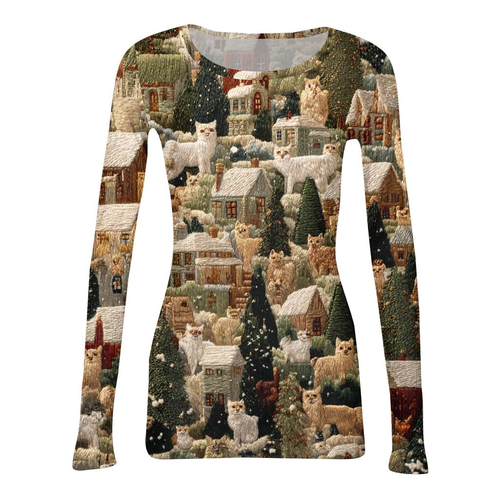 Camiseta de Fondo Delgado para Mujer Moda Casual Estampado Degradado Cuello Redondo Jersey Manga Larga Top