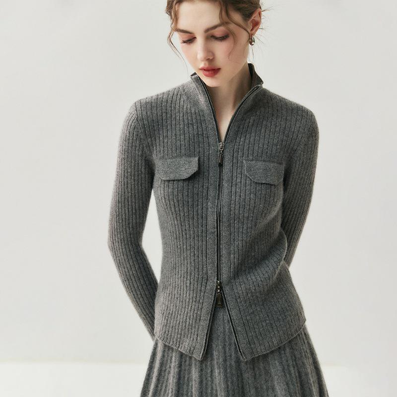 Women's Slim Fit Cashmere Cardigan with Double Zipper - Warm Lapel Knitwear for Autumn/Winter.