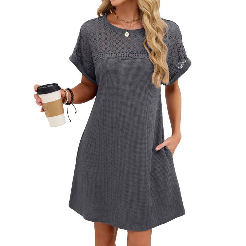Dress Short Sleeve Lace Panel A Line For Casual Wear