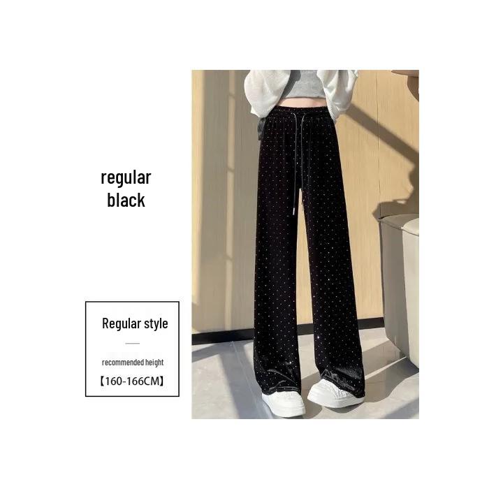 

High-Waisted Gold Velvet Rhinestone Draped Pants - Women s Autumn/Winter Loose Fit, Slimming Straight Leg, Full-Length. XL чорний