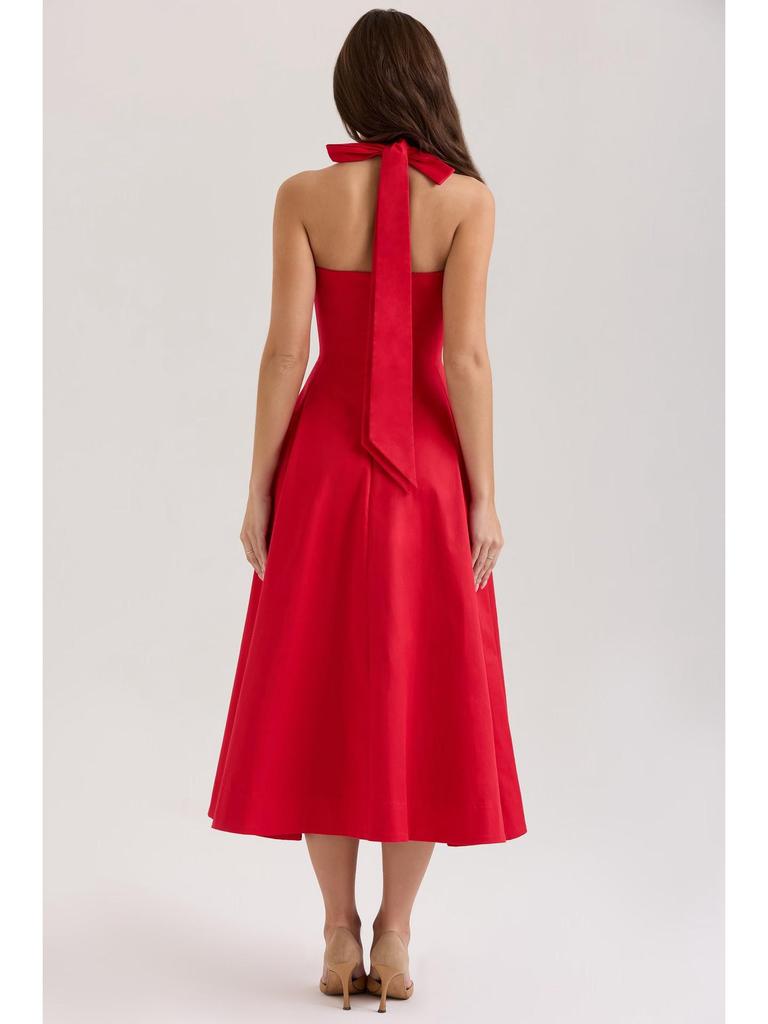 Elegant Retro Red Tie Halter Mid-Length Dress