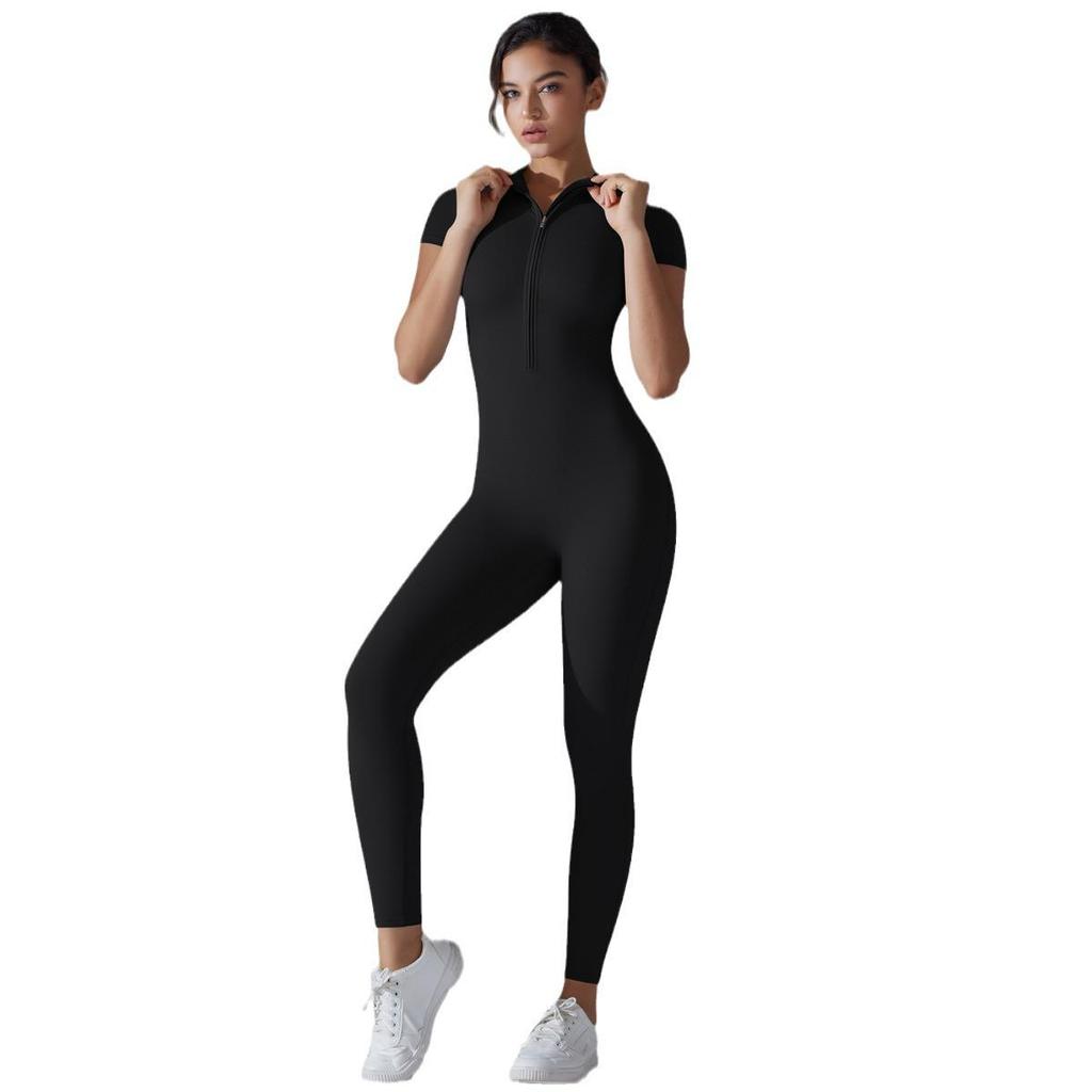 Solid Color High Elastic Half-Zip Short Sleeve Bodysuit for Sexy Fitness