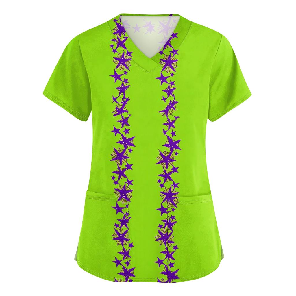Women's Halloween Print Scrub Top with V-Neck and Pockets, Comfort Fit