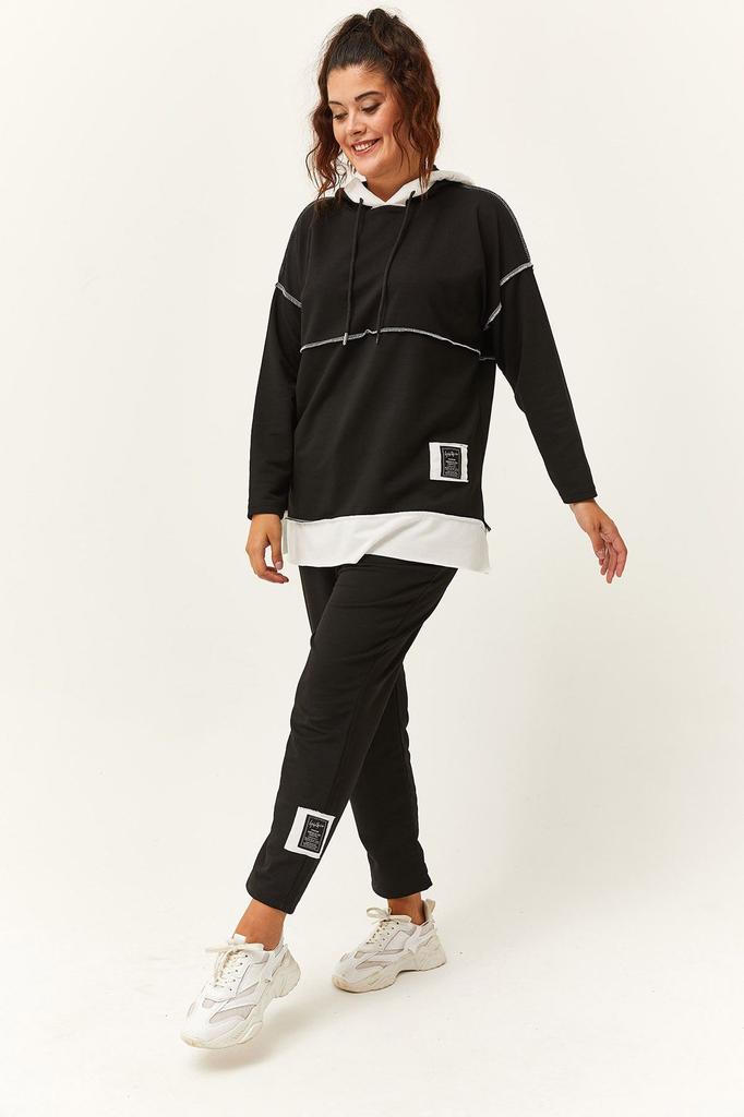 Set Trening Dimensiune Mari Moda Femei Plus Size Alb Garni Set Trening Detaliat Negru