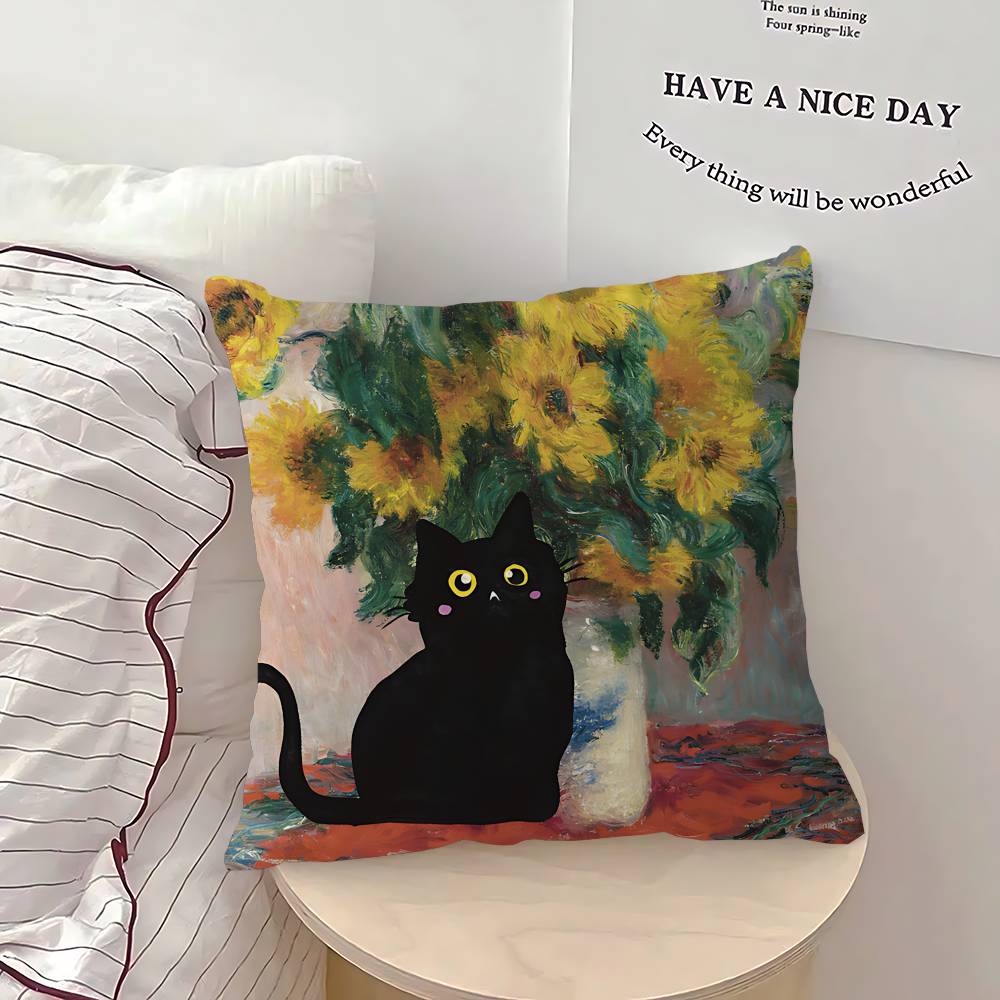 Svart Katt Kuddfodral Avtagbart Tvättbart Kuddöverdrag – Mjukt Linne för Alla Årstider