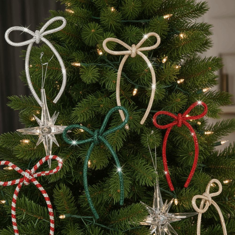 6 Pieces Set Twist Tie Attachment Christmas Bows Ornaments Glitter Finish Elegant Christmas Tree Decorations