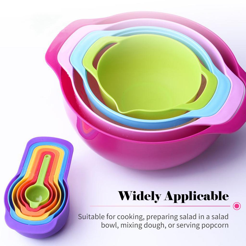 10PCS Mixing Bowl Set Measuring Spoon Set Coloful Sieve Colander Strainer Bowl Salad Bowl With Handle for Kitchen