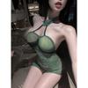 Sexy Halter Cheongsam See-through Green Snake Bodycon Dress Elegant Uniform Mini Dress Green Hot Sexy Women Tops TRR8