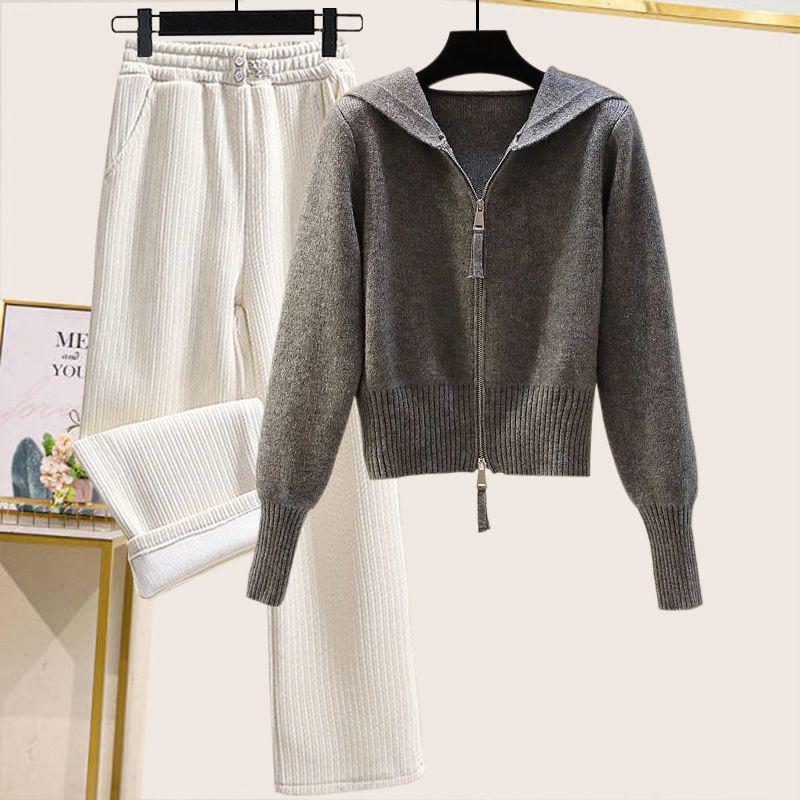 Sweet Autumn & Winter Women's Double Zipper Hooded Knitted Sweater Set