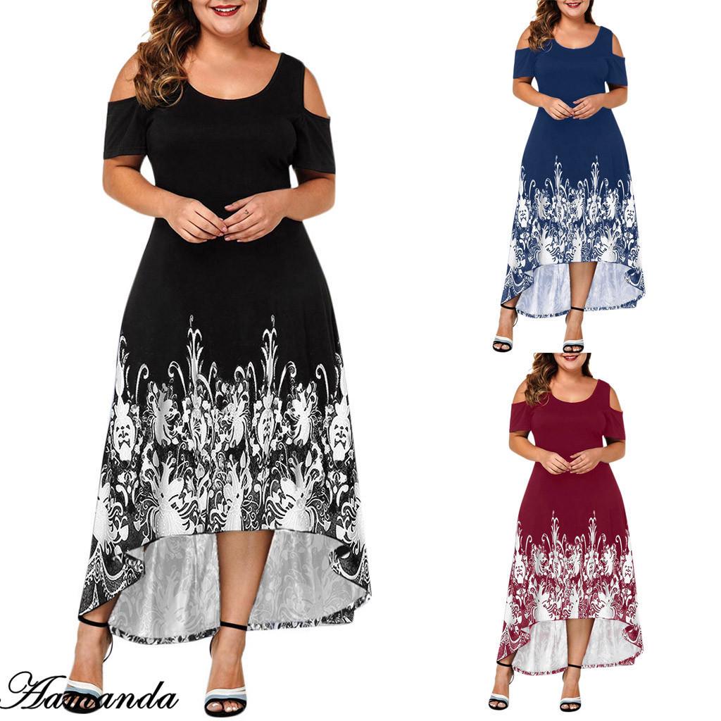 

Womens Casual Plus Размер O-Neck Печати Off-Плечо Короткие рукава Waist платье