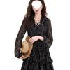 Chic Retro Floral Chiffon Dress: Petite Waist-Cinched Slim Black Style for Autumn & Winter