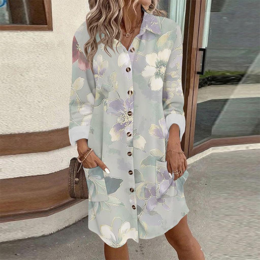Women's Fashion Temperament Autun And Winter Button Lapel Pocket Long Sleeve Floral Print Dress